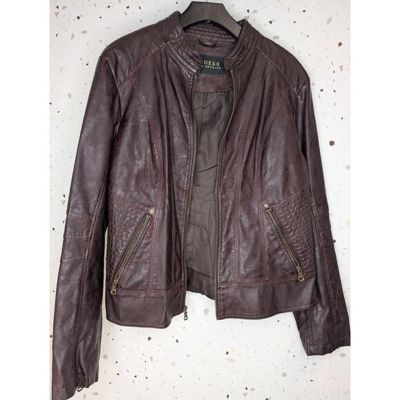 Guess Vegan Merlot Wine Colored Moto Biker Jacket Faux Leather Size XL - Picture 7 of 9